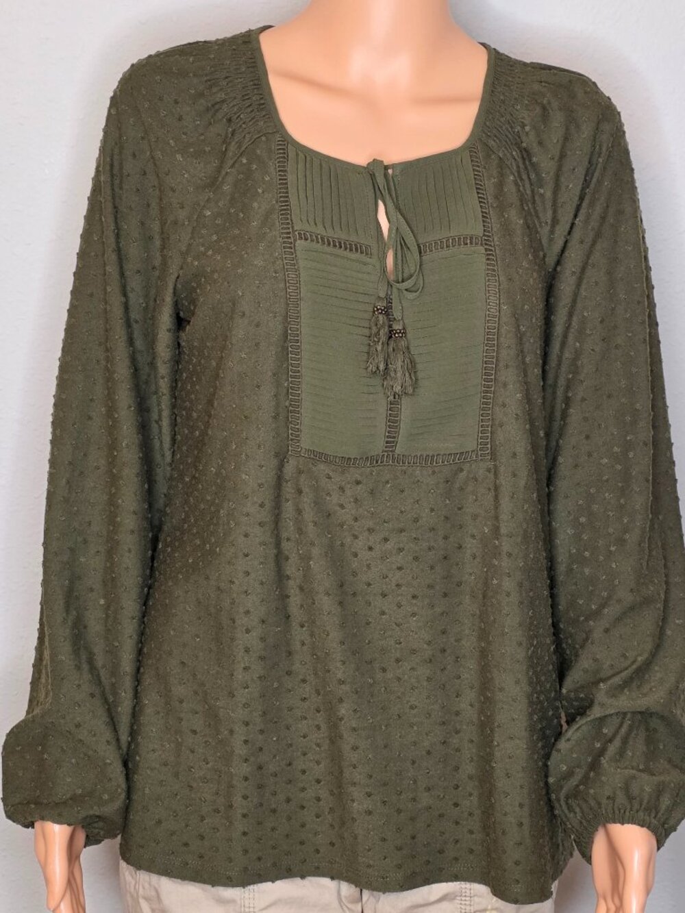 Daniel Rainn Olive Green Swiss Dot Tassel Tie Boho Blouse, Women's Size Medium